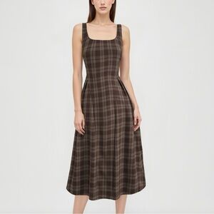 Cider SQUARE NECK CHECK PLEATED ZIPPER MAXI DRESS